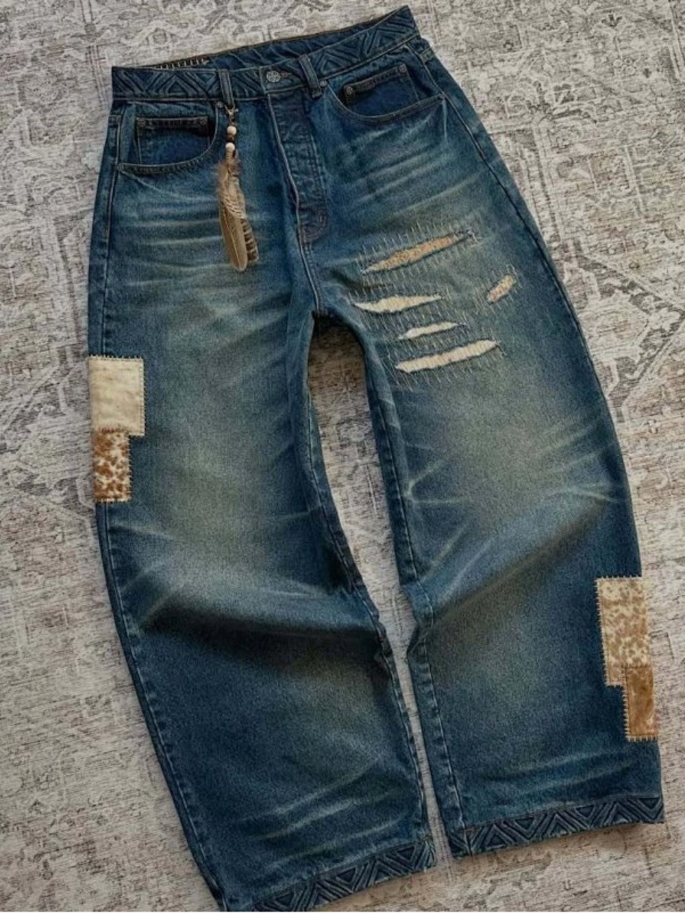 Men's Distressed Blue Denim Jeans with Patch Detail